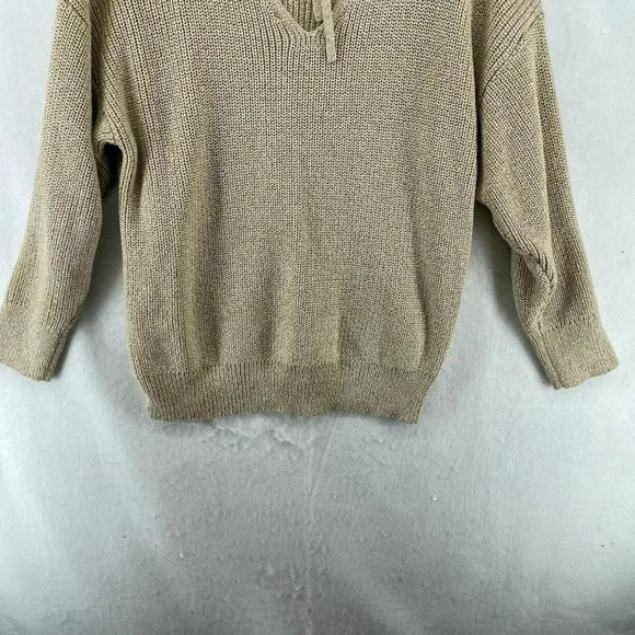 Loft Sweater Women's Sz 14 Plus Beige Knitted V-Neck Gold Metallic Tie-Back - Picture 9 of 12